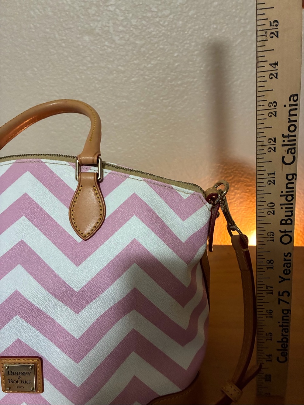Dooney & Bourke Pink and White Chevron Satchel with Tan Trim - Picture 3 of 5